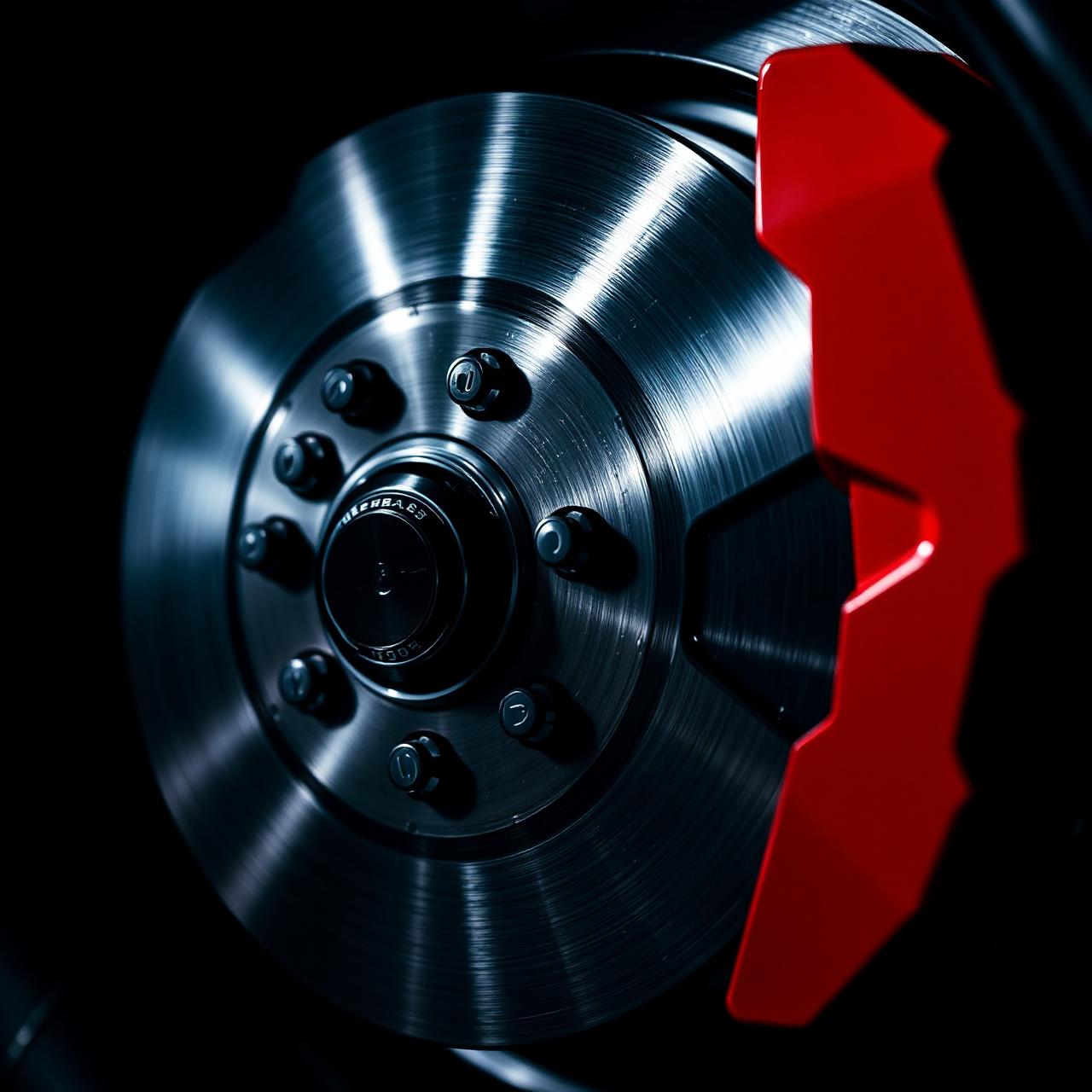 Polished brake disc paired with a red performance caliper under workshop lighting