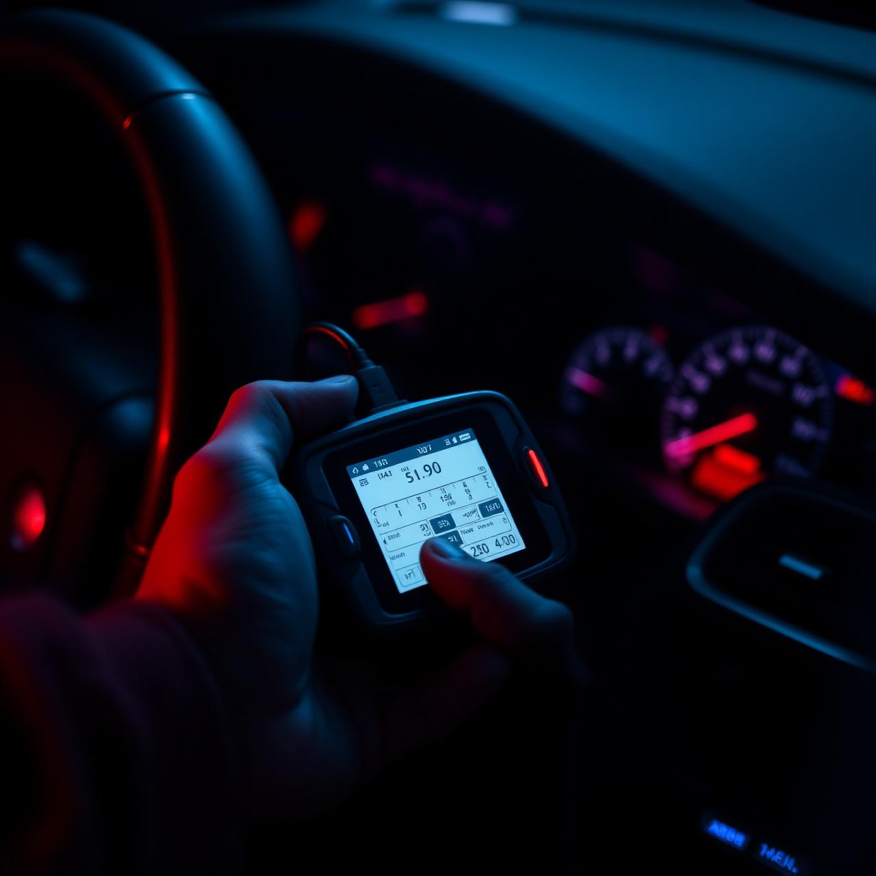 Technician's hand operating an OBD diagnostic scanner inside a vehicle's cabin